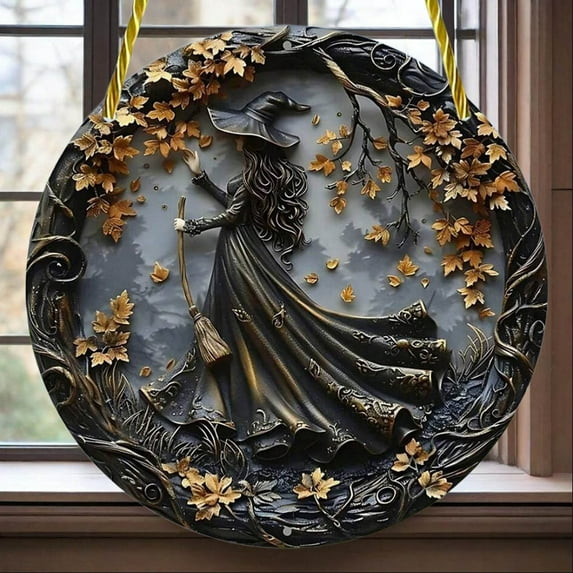 7.8 inch Acrylic Witch Window Decoration, Round Hanging Ornament for Door, Outdoor and Yard Decor, Mystical Moonlit Witch Decorative Hanging Ornament, Gothic Halloween Decor(Gray-Standing Witch)