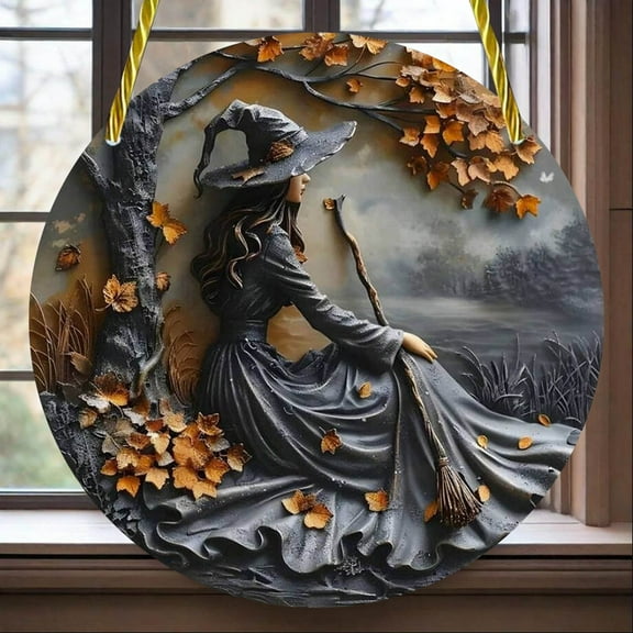 7.8 inch Acrylic Witch Window Decoration, Round Hanging Ornament for Door, Outdoor and Yard Decor, Mystical Moonlit Witch Decorative Hanging Ornament, Gothic Halloween Decor(Gray- Witch)