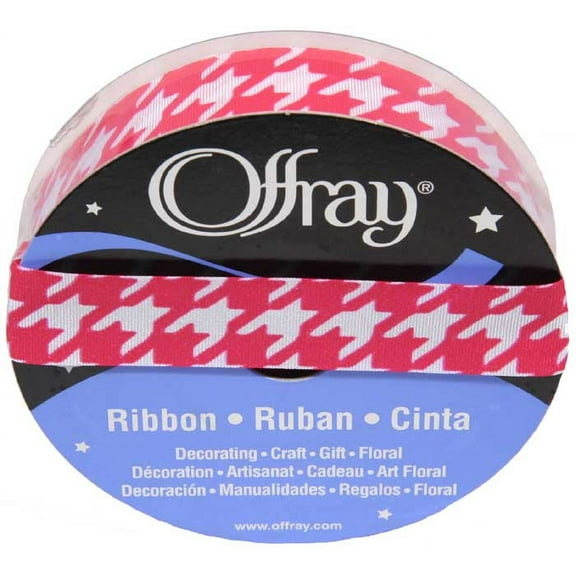7/8 inch Wide Shock Pink Houndstooth Offray Polyester Ribbon, 25 Yards