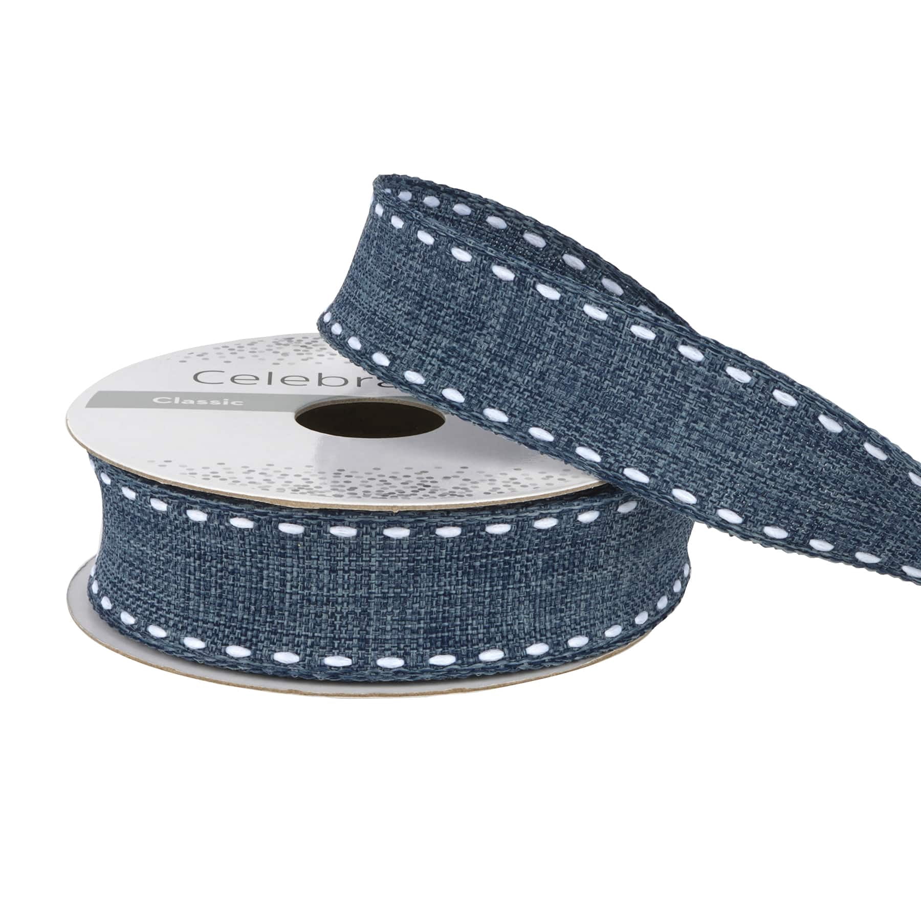 7/8" x 2yd. Denim Stitch Ribbon by Celebrate It – Blue - Non-Wired with Woven Edge - Polyester – Ideal for Gift Wrapping - Baskets & DIY Decor - 12 Pack