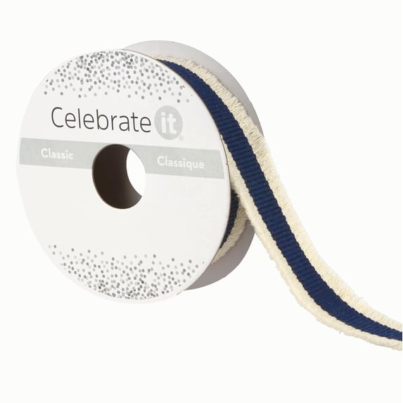Celebrate It 7/8'' x 5 yd. Navy and White Fringe Ribbon