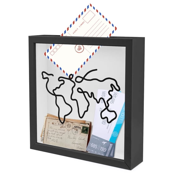 7.8" x 7.8" Adventure Archive Box Display Case, Transparent Travel Shadow Box Frame with Slot on Top, Map Travel Memories Holder for Keepsakes Gift Ticket Photo (Black)