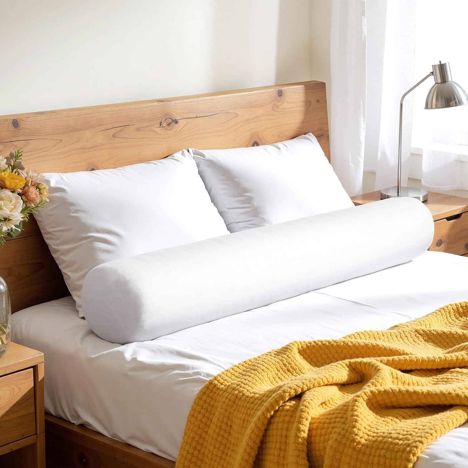 7.8"x60" Body Pillow for Queen Bed, Long Round Body Pillow for Adults, Memory Foam Bolster w/Removable Velvet Cover, Headboard Gap Filler Pillow, White