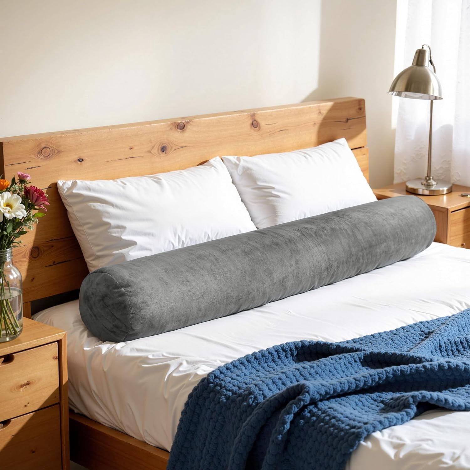 7.8"x60" Body Pillow for Queen Bed, Long Round Body Pillow for Adults, Bolster w/Removable Polyester Cover, Headboard Gap Filler Pillow, Dark Grey
