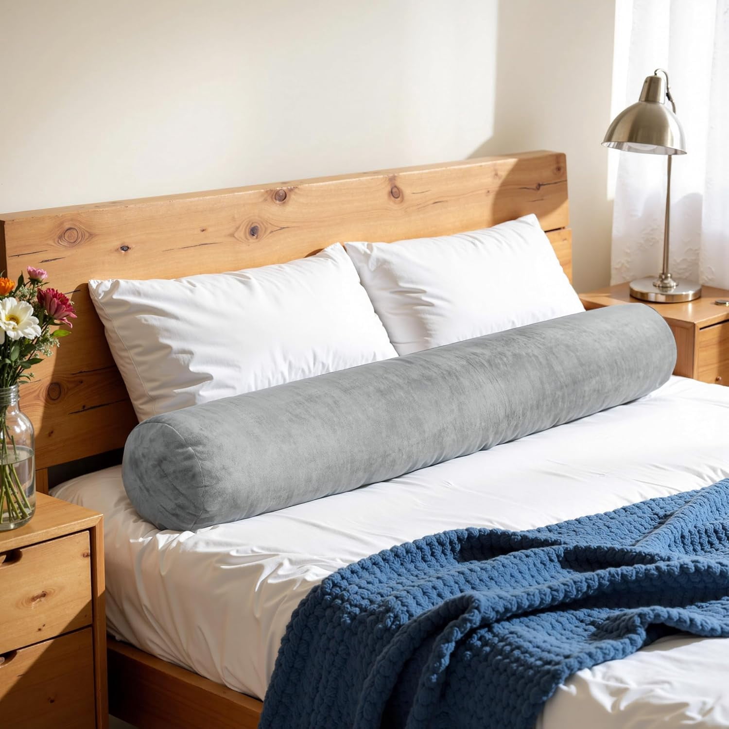 7.8"x60" Body Pillow for Queen Bed, Long Round Body Pillow for Adults, Bolster w/Removable Polyester Cover, Headboard Gap Filler Pillow, Light Grey