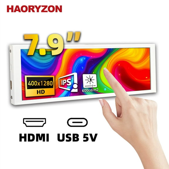 7.84-inch Ultra-Slim Bar Touch Screen 1280x400 IPS Display USB-C & HDMI Portable Monitor for Desktop Dashboard Streaming Stats PC Temp Monitoring Raspberry Pi 5 White