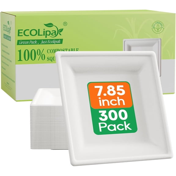 7.85 Inch Compostable Square Bagasse Plates 300 Count