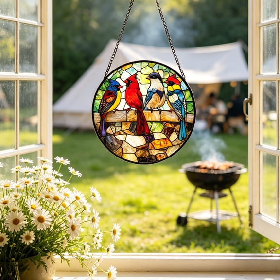 7.87" 2-in-1 Bird Acrylic Suncatcher Puzzle, Cardinal & Colorful Birds Acrylic Jigsaw Puzzle Suncatcher, Stained Glass Style Window Decor Gift for Indoor & Outdoor
