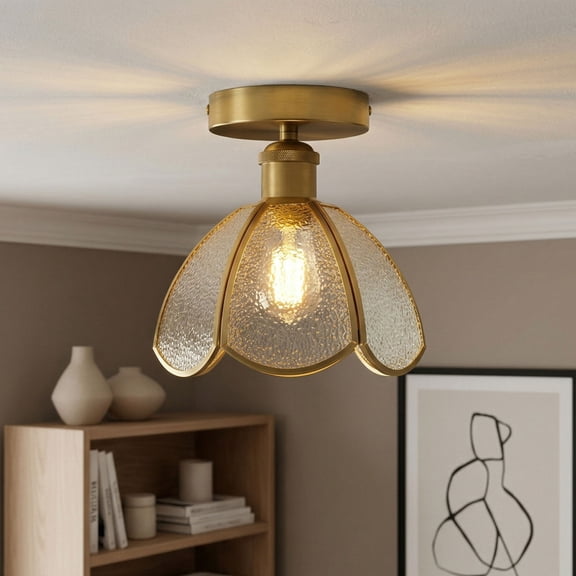 7.87 Inch 1-Light Semi Flush Mount Ceiling Light, Vintage Close to Ceiling Light with Flower Shaped Crackle Glass Shade for Foyer Kitchen Bedroom
