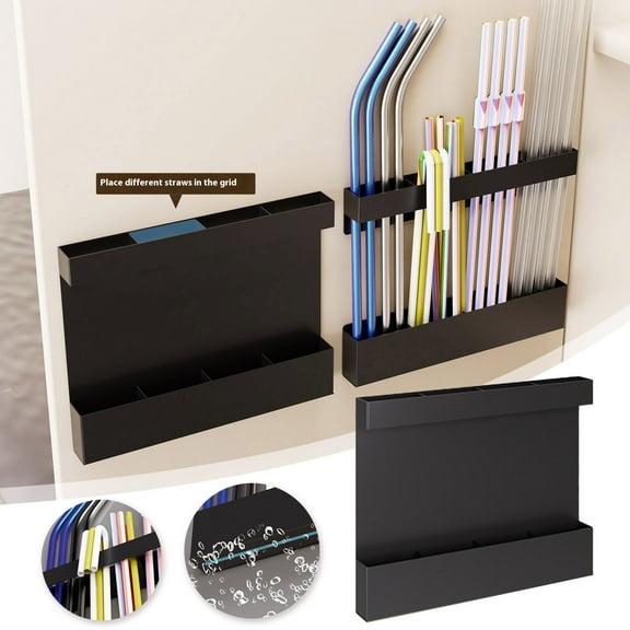 7.87 Inch Acrylic Straw Holder for Cabinet Door with Adhesive Stickers, Reusable Straw Organizer Storage Dispenser for Kitchen Counter Cupboard, Compact Tumbler Straw Container, Black