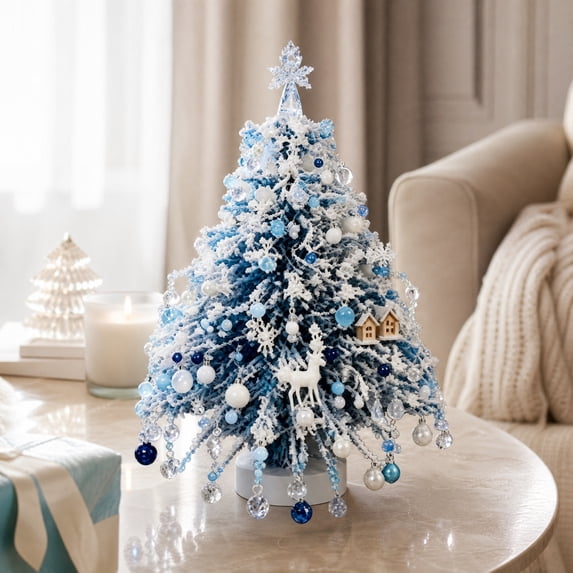 7.87 Inch Blue Mini DIY Tabletop Christmas Tree with Snowflake,Reindeer and Cabin Ornaments,Winter Themed Beaded Decor Tree,Desktop Display Ornament for Holiday Indoor Home Shelf Decor