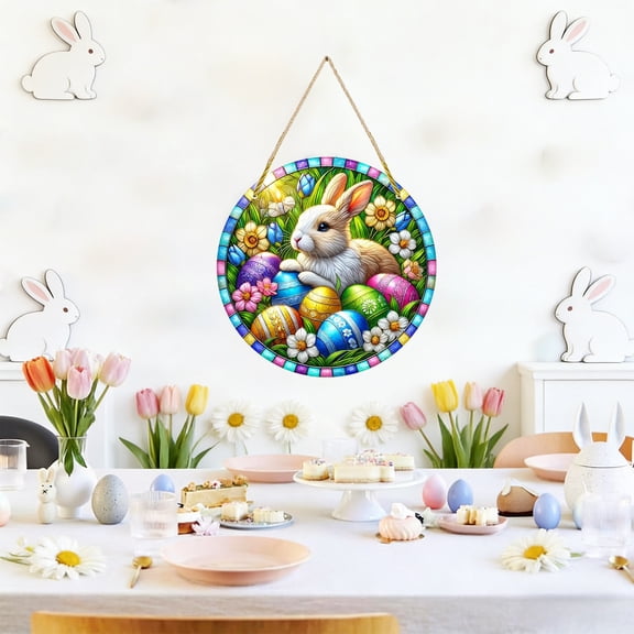 7.87 Inch Easter Bunny Egg 2D Acrylic Hanging Ornament, Multicolor Flat Pendant, Spring Home Garden Wall Art Decor for Porch Party Holiday Gift