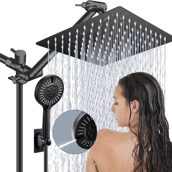 "7.87 Inch High-Pressure Dual Shower Head Combo: Rainfall & Handheld with 11" Extension Arm, Leak-Proof Adjustable Height/Angle, Electroplated Finish + Hose/Bracket"