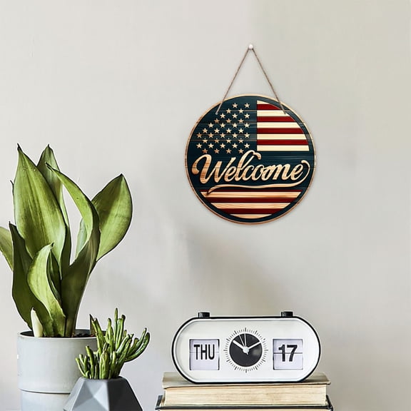 7.87 Inch Independence Day Round Wooden Welcome Door Sign Patriotic Flag Pattern Hanging Ornament With 40cm Hemp Rope Front Porch Yard Wall 4th Of July Holiday Home Decor