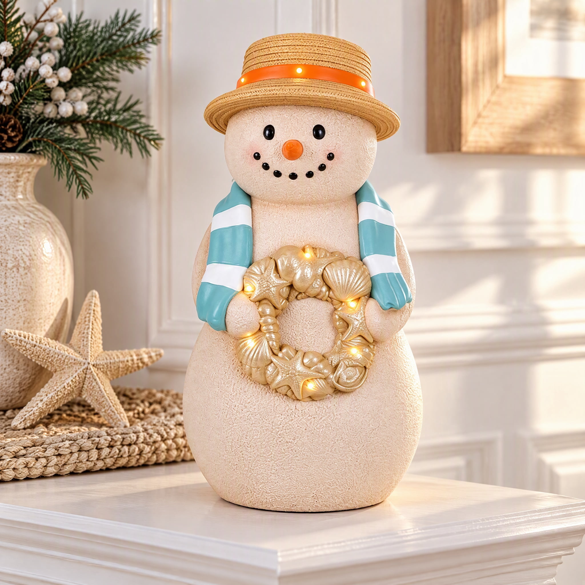 7.87 Inch LED Coastal Snowman Holiday Porch Greeter, Lighted Beach Themed Christmas Snowman Figurine with Straw Hat Shell Wreath, Holiday Home Decor