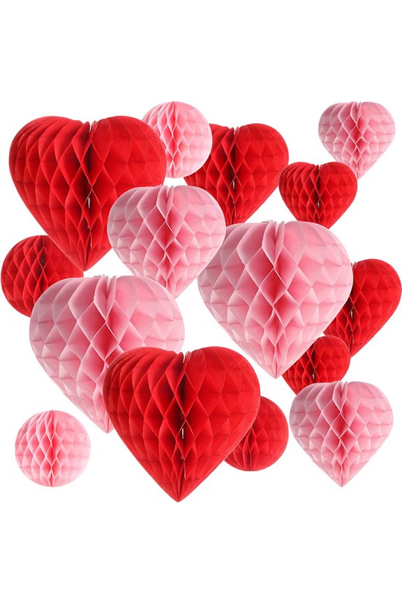 7.87 Inch Large Valentine‘s Day Heart Honeycomb Balls Decoration Tissue Paper Pom Poms Flower Centerpiece for Valentine Engagement Wedding Tree Hanging Ornaments(Pink)