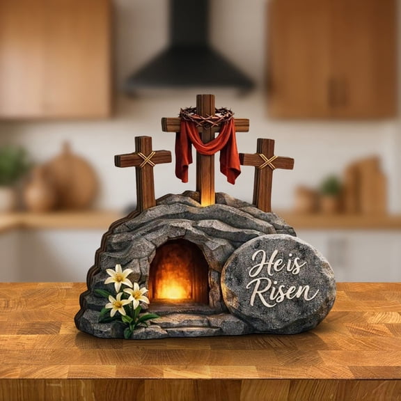 7.87 Inch Lighted Easter Empty Tomb Statue He is Risen Cross with Lily Resin Religious Decor for Home Yard Altar and Easter Celebration