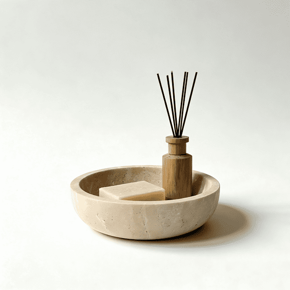 7.87 Inch Natural Travertine Decorative Bowl - Round Stone Tray for Home Decor, Bathroom Soap Organizer, Jewelry Dish, Coffee Table Centerpiece & Vanity Storage