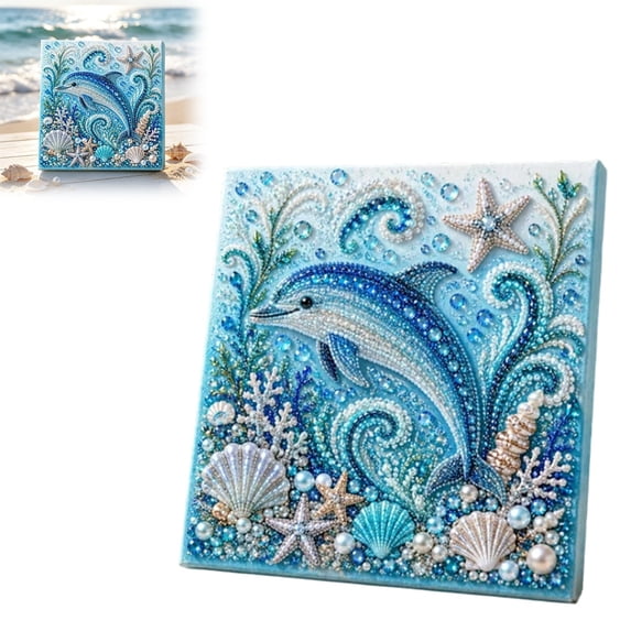 7.87 Inch Ocean Theme 3D Pearl Art DIY Craft Kit, Coastal Rhinestone Bead Painting, Dolphin Wave Design for Home Wall Decor & Holiday Gift