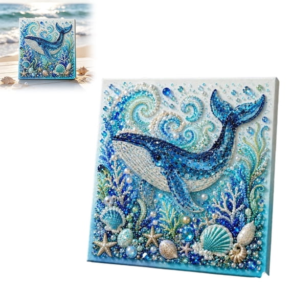 7.87 Inch Ocean Theme 3D Pearl Art DIY Craft Kit, Coastal Rhinestone Bead Painting, Shark Wave Design for Home Wall Decor & Holiday Gift
