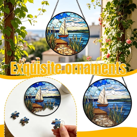 7.87-Inch Stained Glass Hanging Ornament, Puzzle Design Window Pendant for Home, Garden, Kitchen, Sunroom Décor and Gift