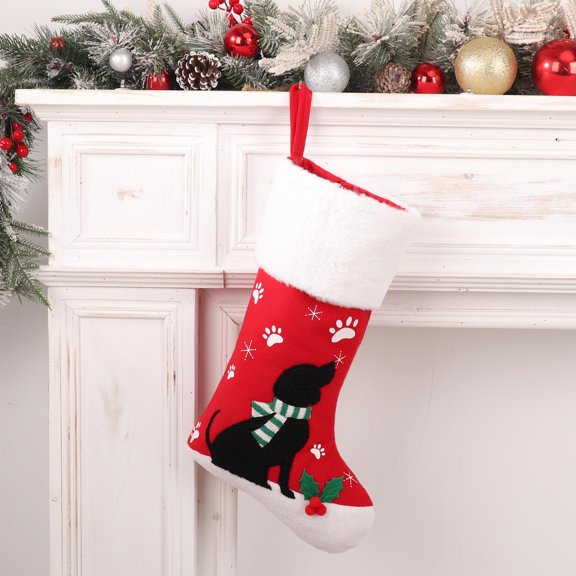 7.87" Personalized Cat and Dog Christmas Stocking, Cotton Christmas Stockings Personalized with Black Cat Dog Pattern Stocking Decorations, for Home Mantel Holiday Hanging Decorations