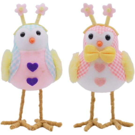 7.87" Quirky Easter Chick Figurine with Pink Sequin Bunny Ears, Whimsical Long Leg Standing Bird Statue with Daisy & Bow Tie, Spring Tabletop Centerpiece & Holiday Decor (2PCS)