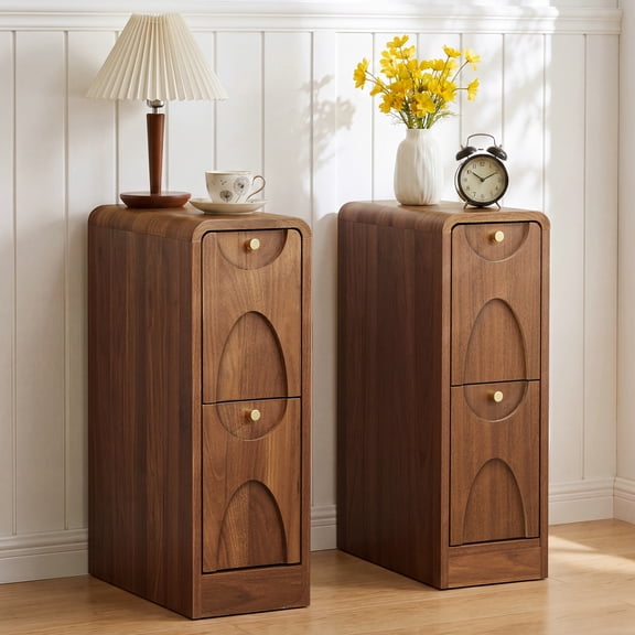 7.87" Ultra Narrow Nightstand Set of 2 with 2 Drawer, Slim End Table with Arched Pattern Design Bedside Table for Bedroom, Walnut