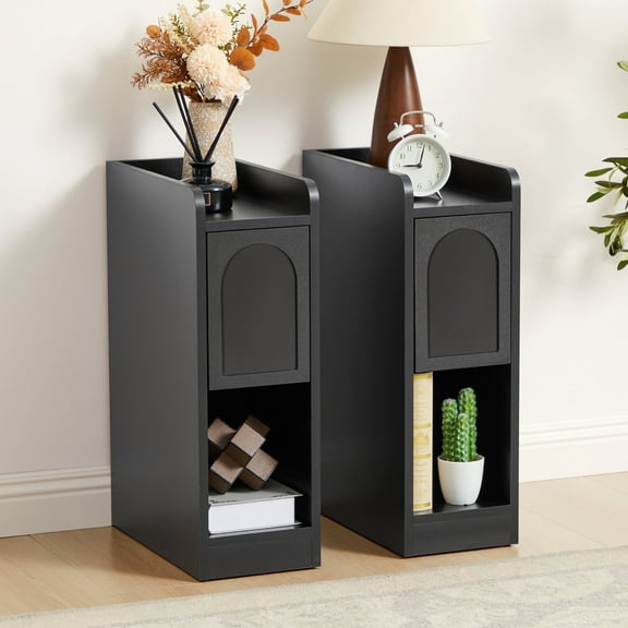 7.87" Ultra Narrow Nightstand Set of 2 with Drawer and Open Shelf, Arched Pattern Design Bedside Table for Bedroom, Black