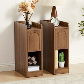 7.87" Ultra Narrow Nightstand Set of 2 with Drawer and Open Shelf, Arched Pattern Design Bedside Table for Bedroom, Walnut