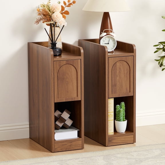 7.87" Ultra Narrow Nightstand Set of 2 with Drawer and Open Shelf, Arched Pattern Design Bedside Table for Bedroom, Walnut
