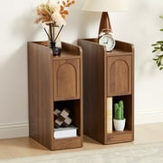 7.87" Ultra Narrow Nightstand Set of 2 with Drawer and Open Shelf, Arched Pattern Design Bedside Table for Bedroom, Walnut