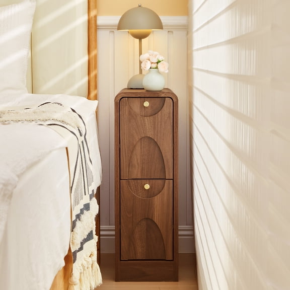 7.87" Ultra Narrow Nightstand with 2 Drawer, Slim End Table with Arched Pattern Design Bedside Table for Bedroom, Walnut