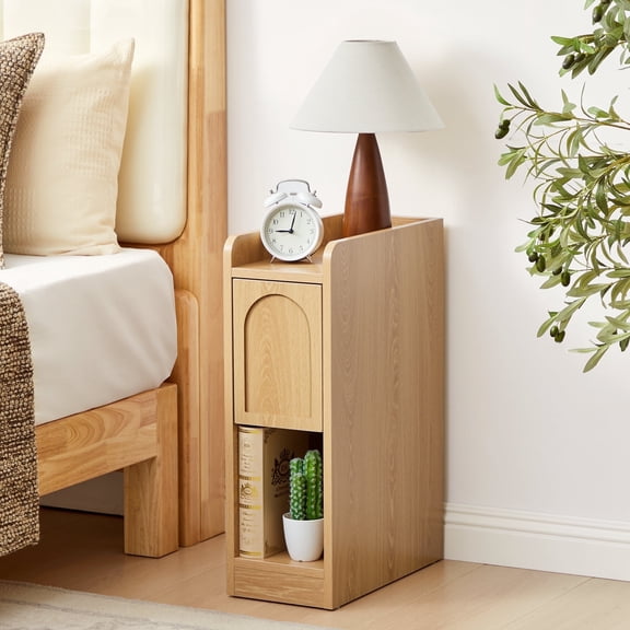 7.87" Ultra Narrow Nightstand with Drawer and Open Shelf, Arched Pattern Design Bedside Table for Bedroom, Natural