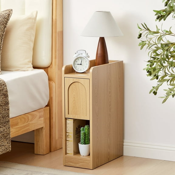 7.87" Ultra Narrow Nightstand with Drawer and Open Shelf, Arched Pattern Design Bedside Table for Bedroom, Natural