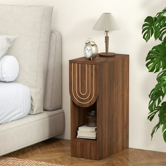 7.87" Ultra Narrow Nightstand with Drawer and Open Shelf, Carved Line Design Bedside Table for Bedroom, Walnut