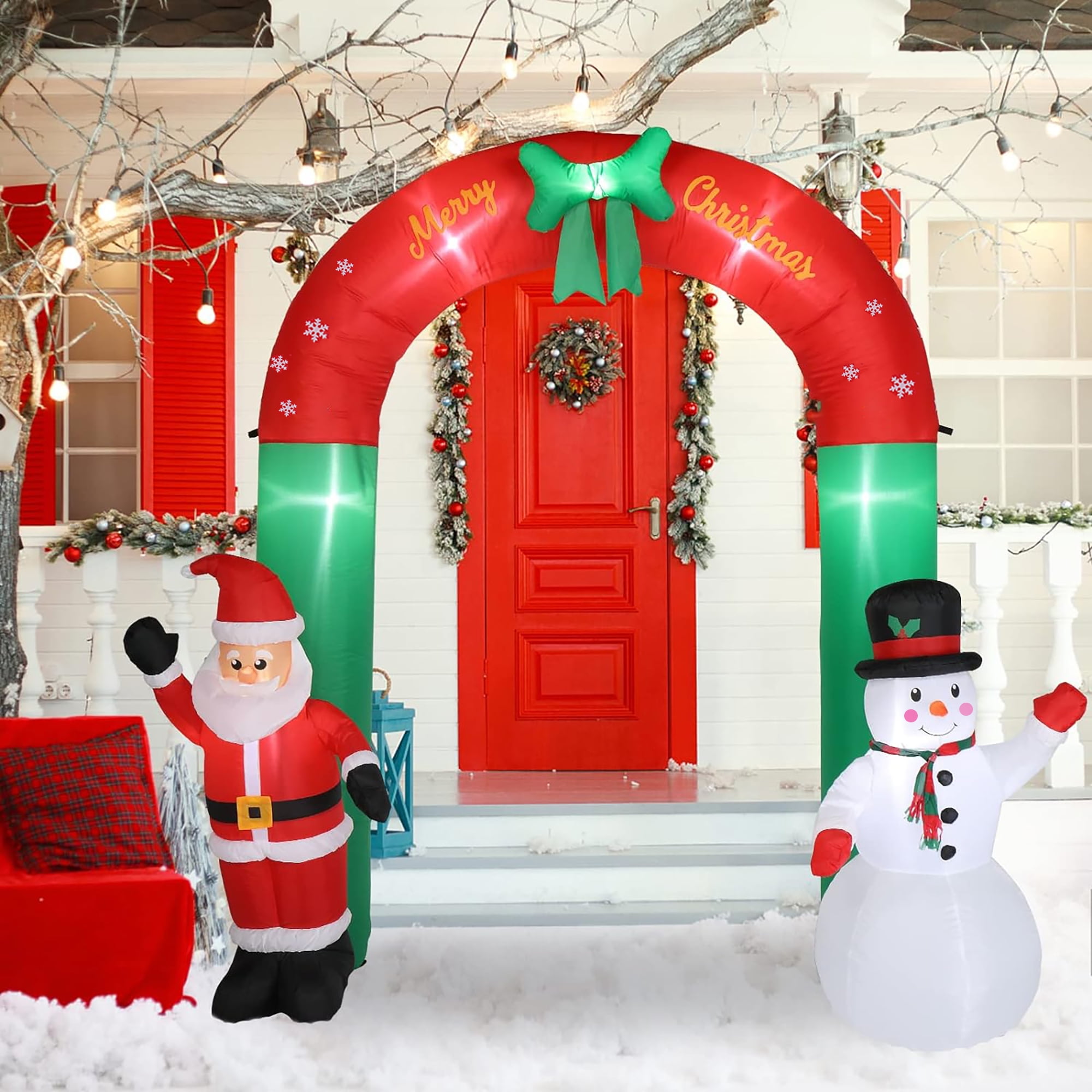 7.87 ft Christmas Inflatable Giant Archway Santa Claus and Snowman outdoor courtyard decoration with LED lights Christmas inflatable decoration garden