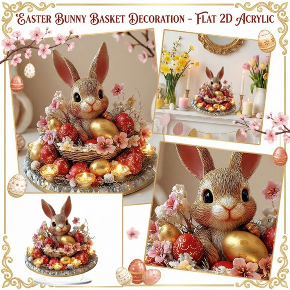 7.87 x 6.7 Inch Easter Bunny Acrylic Tabletop Decoration with Egg Basket Design for Spring Home Display, 2D Flat Rabbit Acrylic Standee Centerpiece for Party and Shelf Decor
