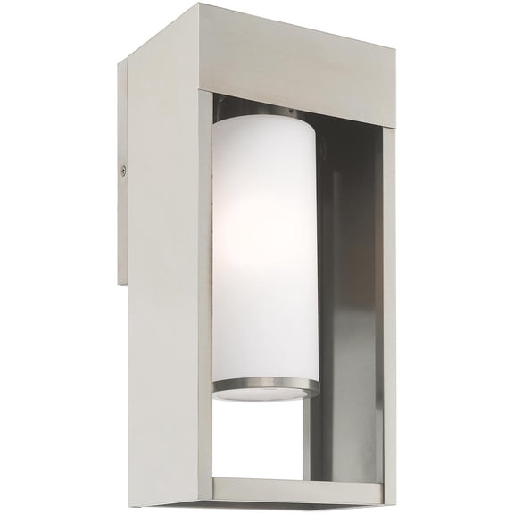 7.875 inch 1 Light Brushed Nickel Outdoor Wall Lantern Pendant Lighting Fixture with Opal White Cylinder Glass Shade backed with Solid Brass material for patio, front porch, entryway and more