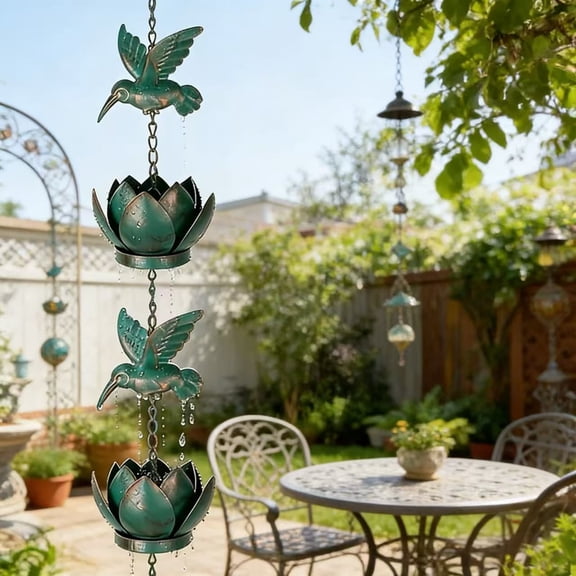 7.87Ft Rain Chain With Hummingbird Lotus Decorative Rain Chain Adjustable Rains Catcher Chain For Outdoor Garden Gutters Downspouts(Green-2.4M)