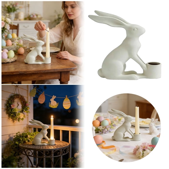 7.87Inch Resin Bunny Taper Candle Holder - White Rabbit Candlestick for Easter, Farmhouse Home Decor & Table Centerpieces