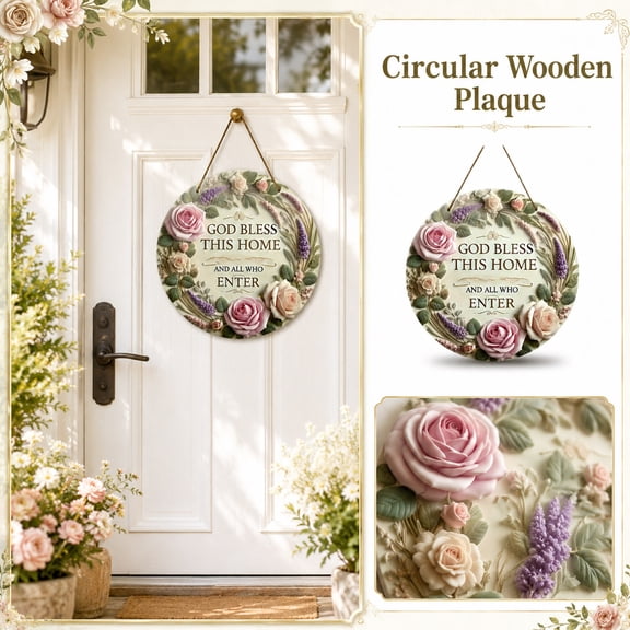 7.87in Circular Wooden Plaque Welcome Sign Floral Wall Art Decor for Front Door Entryway Living Room Housewarming Gift for Family