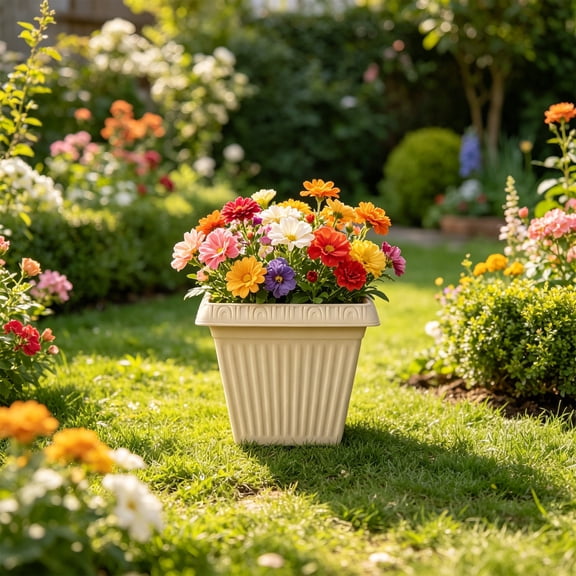 7.87in Square Imitation Ceramic Vessel with Base Tray, Thickened Root Control Beige Holder for Small Greenery Garden
