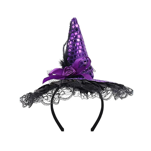 7.87in Witch Hat Headband Halloween Costume Accessory Adjustable Bow Sequin Party Photography Prop Holiday Decoration(Purple)
