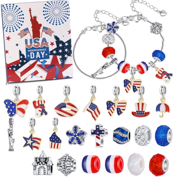 7.87inch 24Pcs Independence Day DIY Beaded Bracelet Craft Kit, America 250th July 4th 2026 Patriotic Jewelry Set, DIY Blind Poke Game Kids Party Family Handmade Activity Supplies Decor