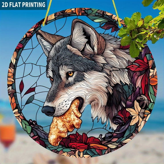 7.87inch Majestic Wolf Dreamcatcher - Round Acrylic Window Hanging with Autumn Floral Pattern Bohemian Wildlife Wall Art for Thanksgiving Home Gift, Wolf-Themed Vibrant Color Acrylic Panel