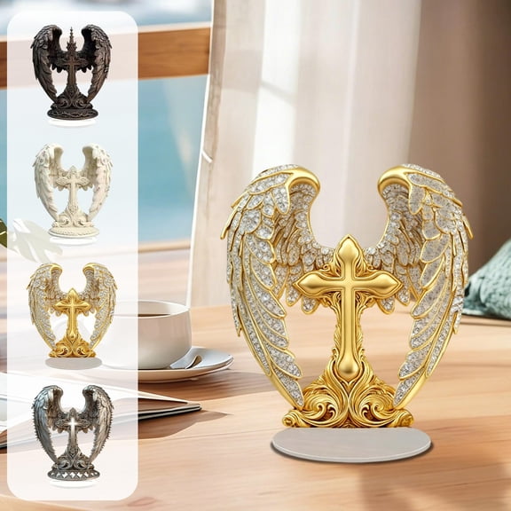 7.87x6.3in Easter Cross-Shaped Wing Acrylic Ornament – Angel Wing Table Decor with 4 Styles for Living Room, Office, or Religious Gift – Christian Spiritual Home Decoration