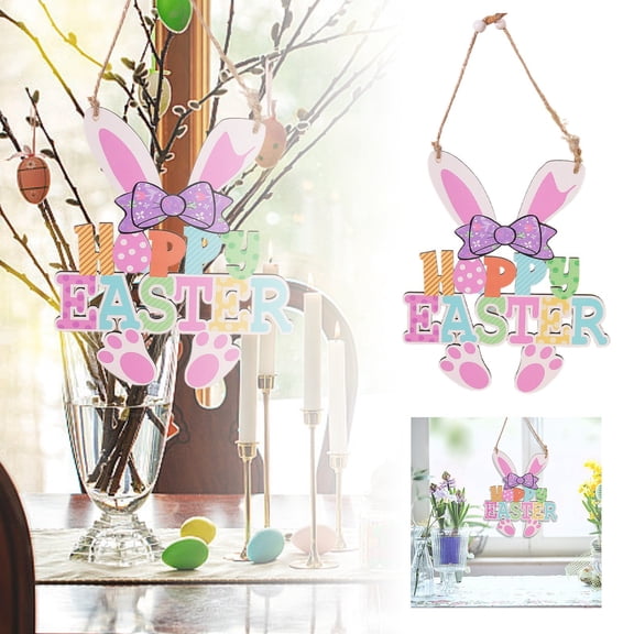 7.87x6.69 Inch Wood Happy Easter Oranemnt Letter Tree Hanging Decorations with Rabbit Ears Bow and Easter Egg Cute Home Plaque Door Sign Spring Holiday Adornment for Window Tree Garden Party Decor