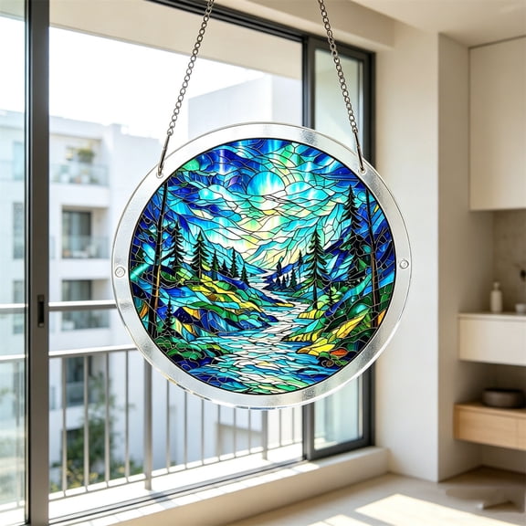 7.87x7.87 Inch Acrylic Puzzle Suncatcher for Window, DIY Stained Glass Hanging Home Decor, Azure Sunshine Catcher with Stainless Steel Chain, Gift Box Included for Birthday Christmas Housewarming