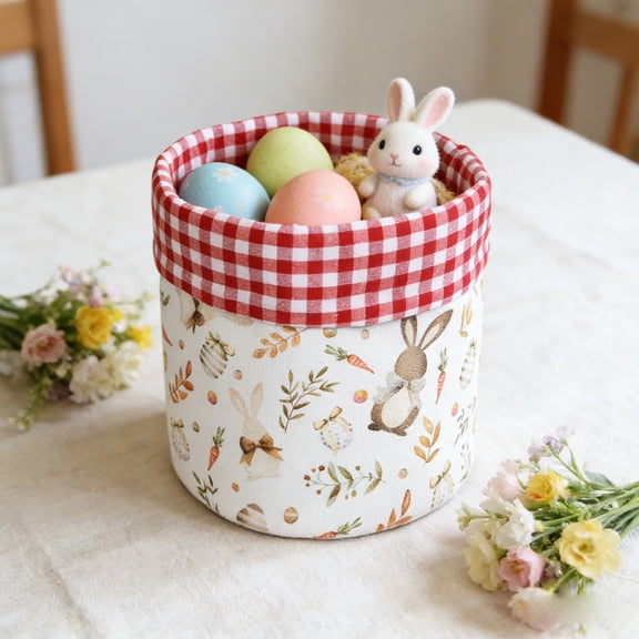 7.87x8.27 Inch Easter Desktop Cylindrical Storage Basket Oxford Cloth Bunny and Carrot Print Organizer Bin for Bedroom Clutter Control Living Room Toy Blanket Storage Holiday Decor